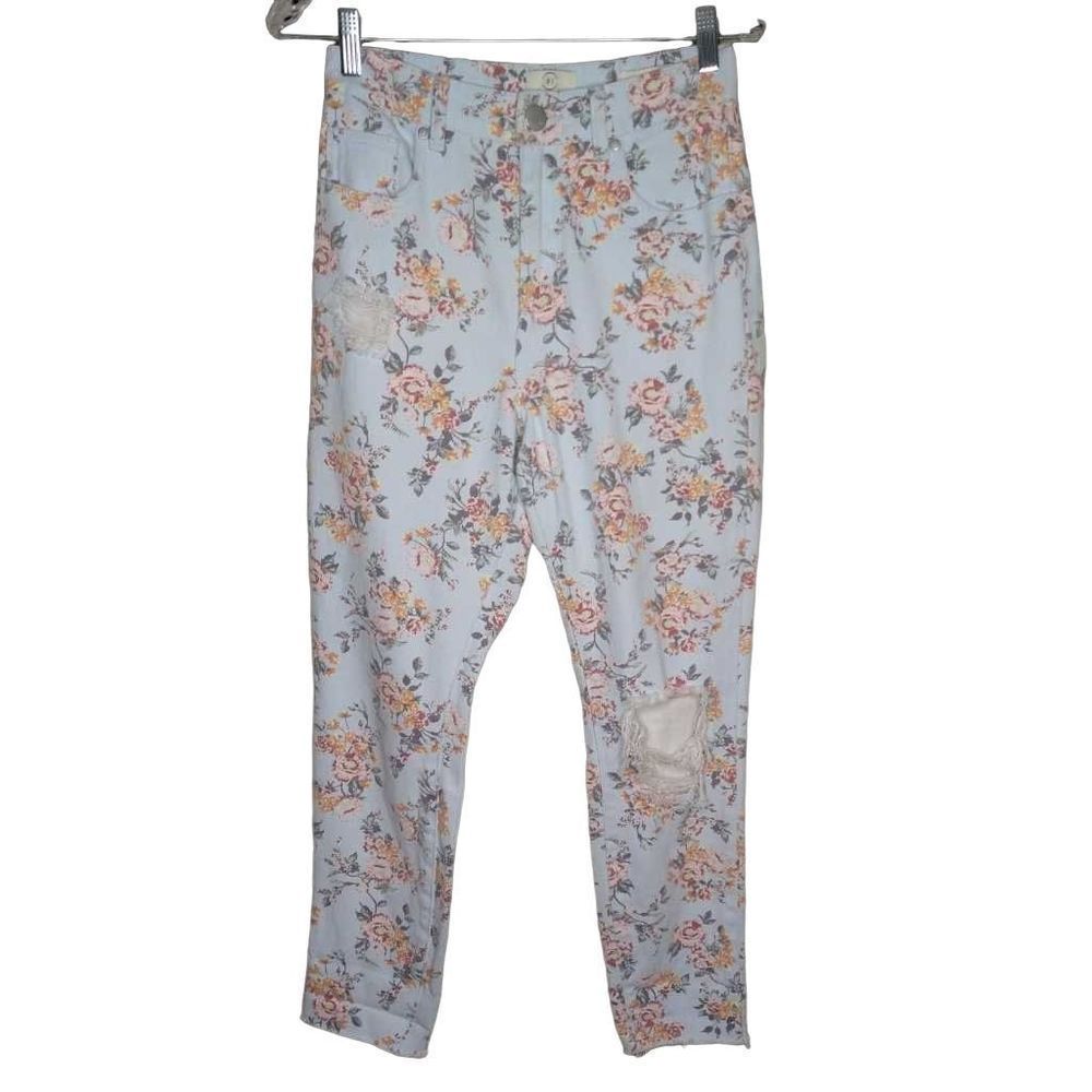 Cotton On high-waisted pastel floral ripped jeans